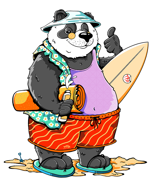 Pablo the panda mascot wearing a floral cut off sleeveless shirt, bucket hat, and sunglasses, holding a surfboard and beach towel in a relaxed beach style illustration.
