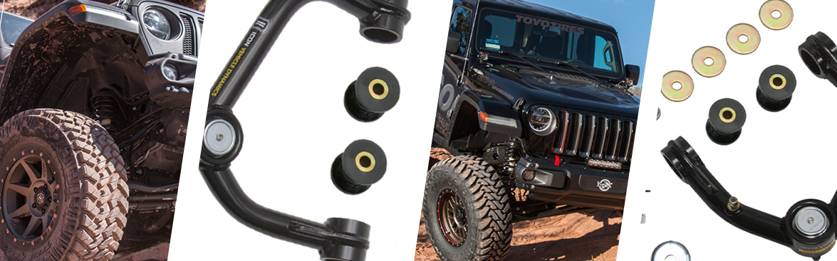 Photo collage of off-road vehicles with suspension linkage both installed and uninstalled.