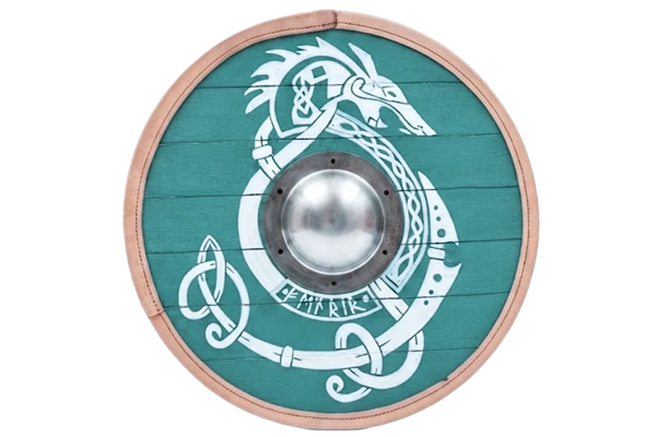 Viking shield with a dragon design and metal central boss.
