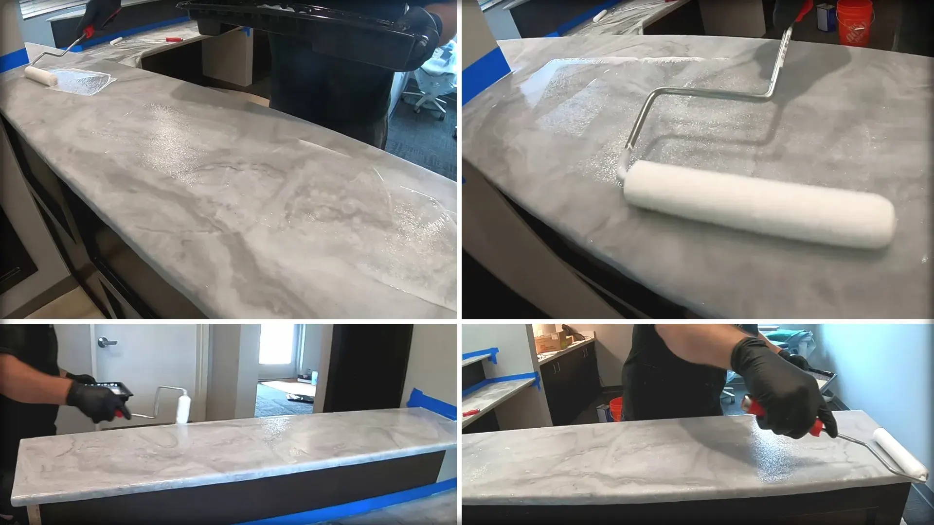 Apply to the center of the countertop, rolling the top coat thin and even, ensuring coverage of the edges.