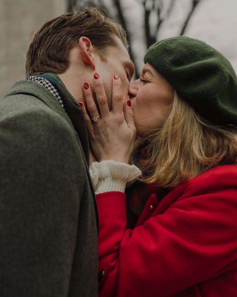 couple kissing in wintertime, central park