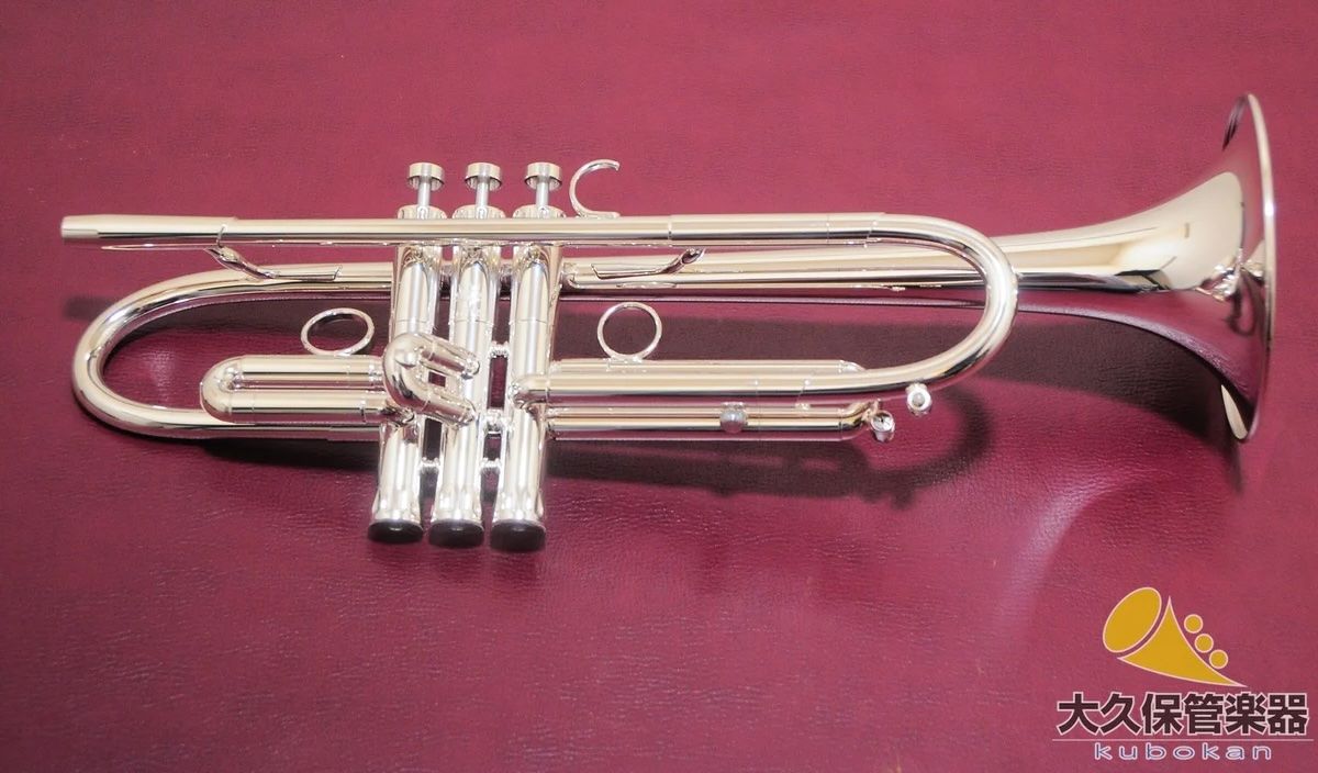 Silver trumpet on a maroon background.