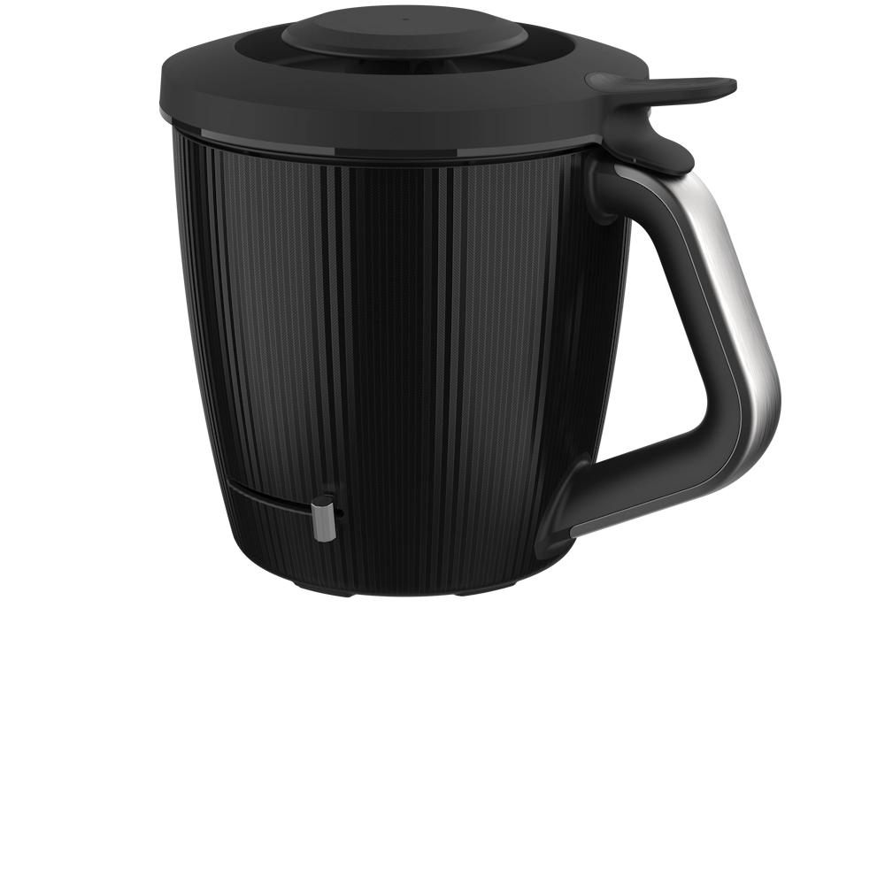 Black kitchen appliance with a handle and a lid.