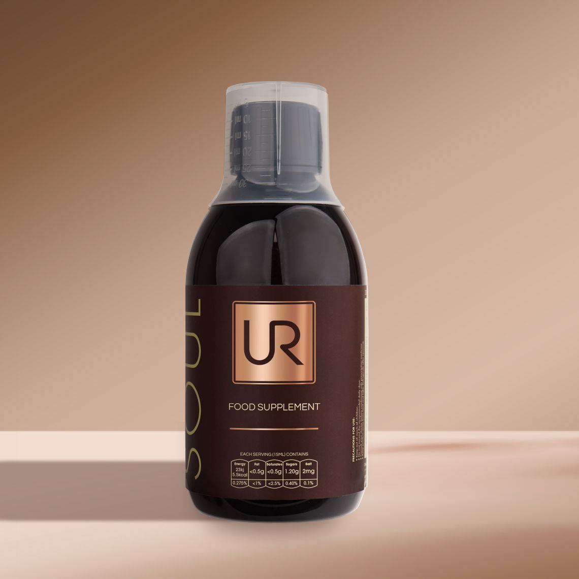 Bottle of UR dietary supplement on a neutral background.