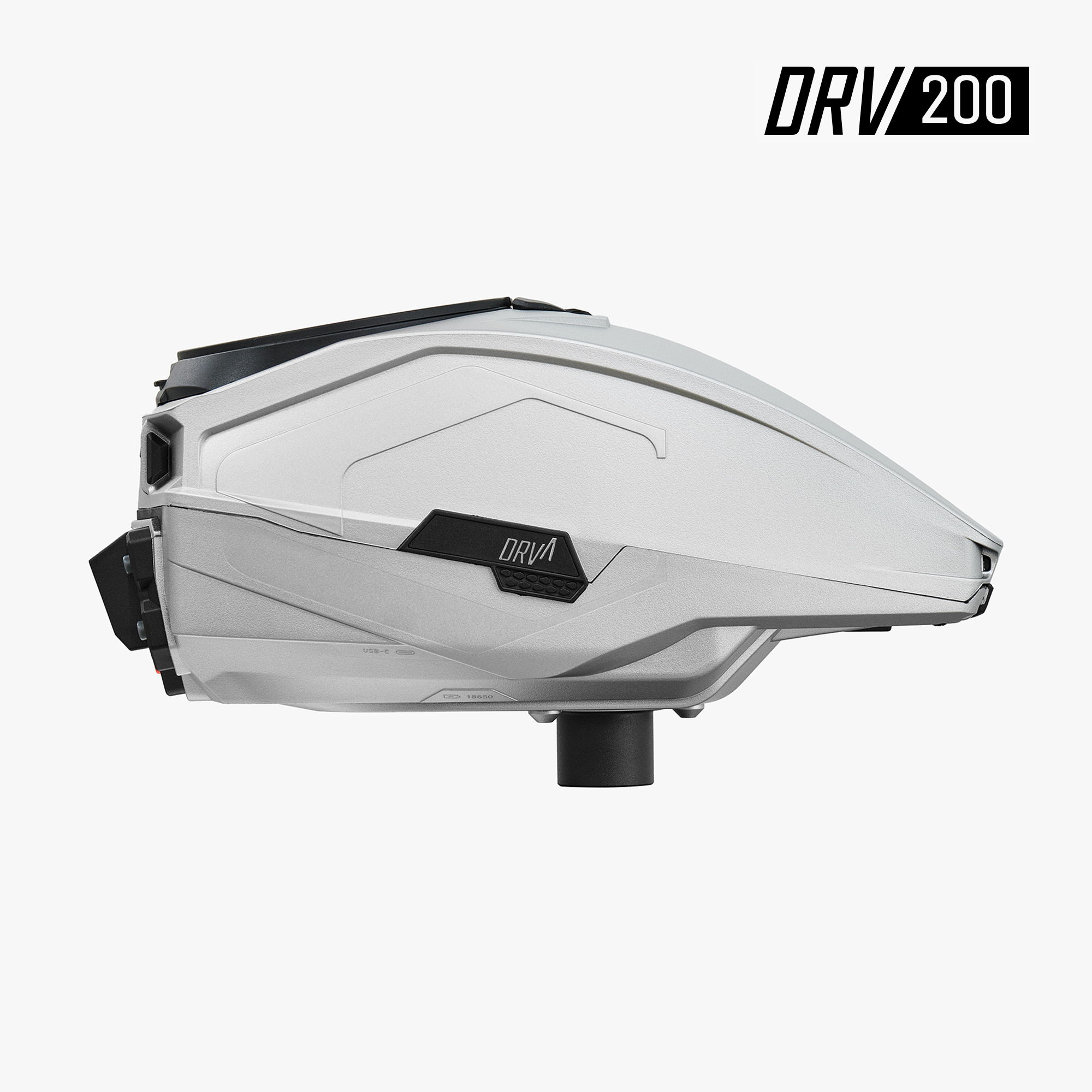Silver paintball hopper with DRV 200 branding on a plain background.