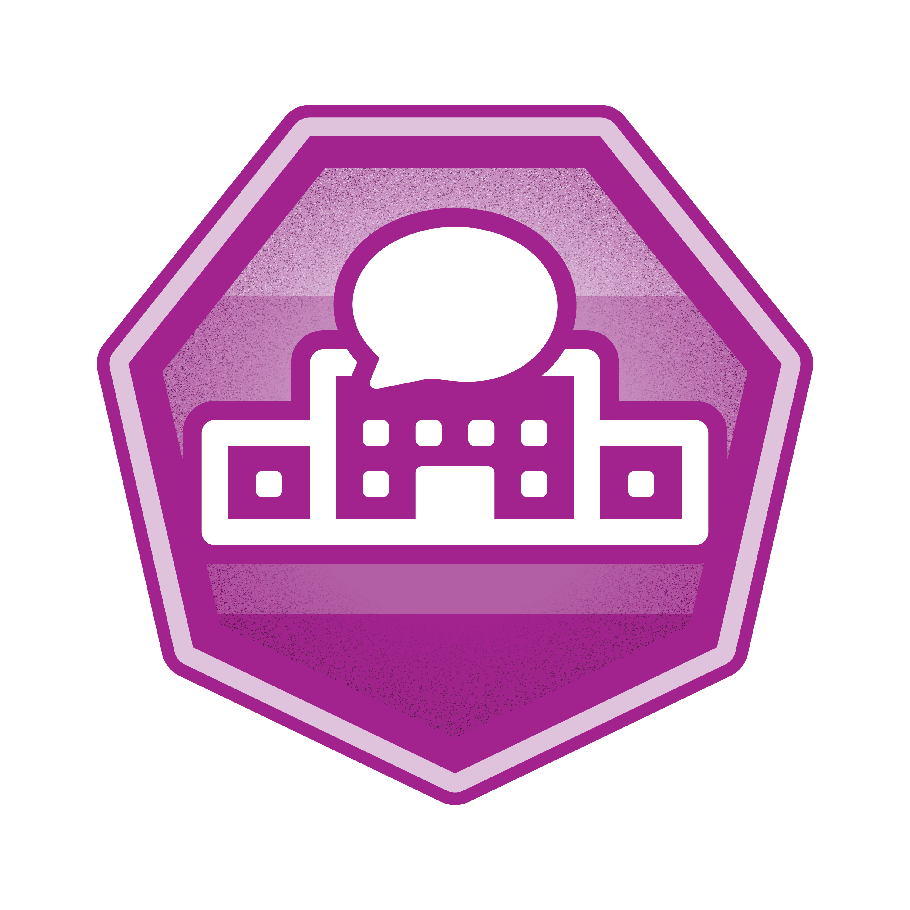 Icon of a building with a speech bubble, in a hexagonal shape.