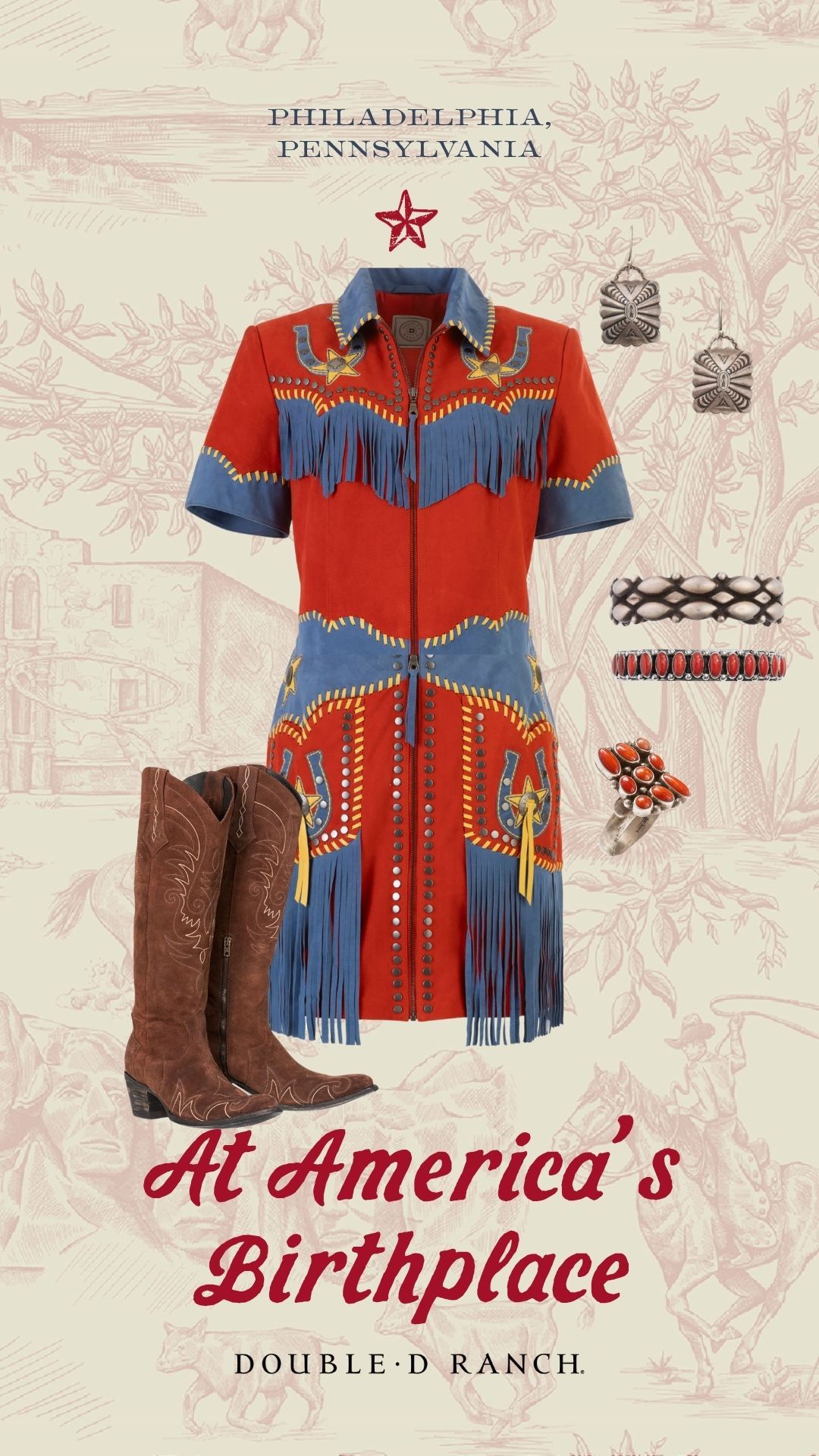 Liberty Belle Jacket and Skirt with the Long Tall Sally Boot and Double D Ranch accessories. 