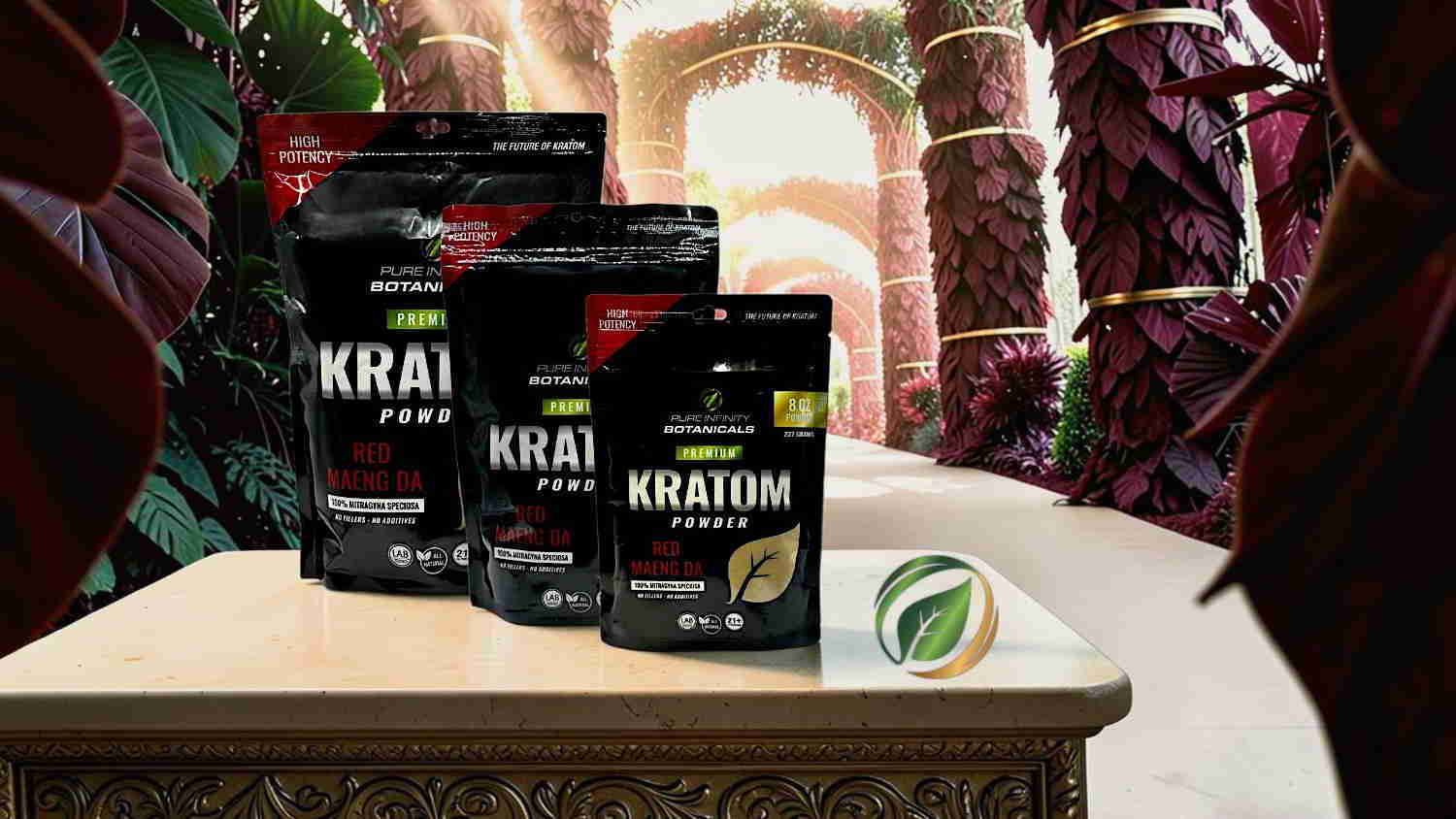 Three bags of kratom products displayed on a table in a vibrant setting.