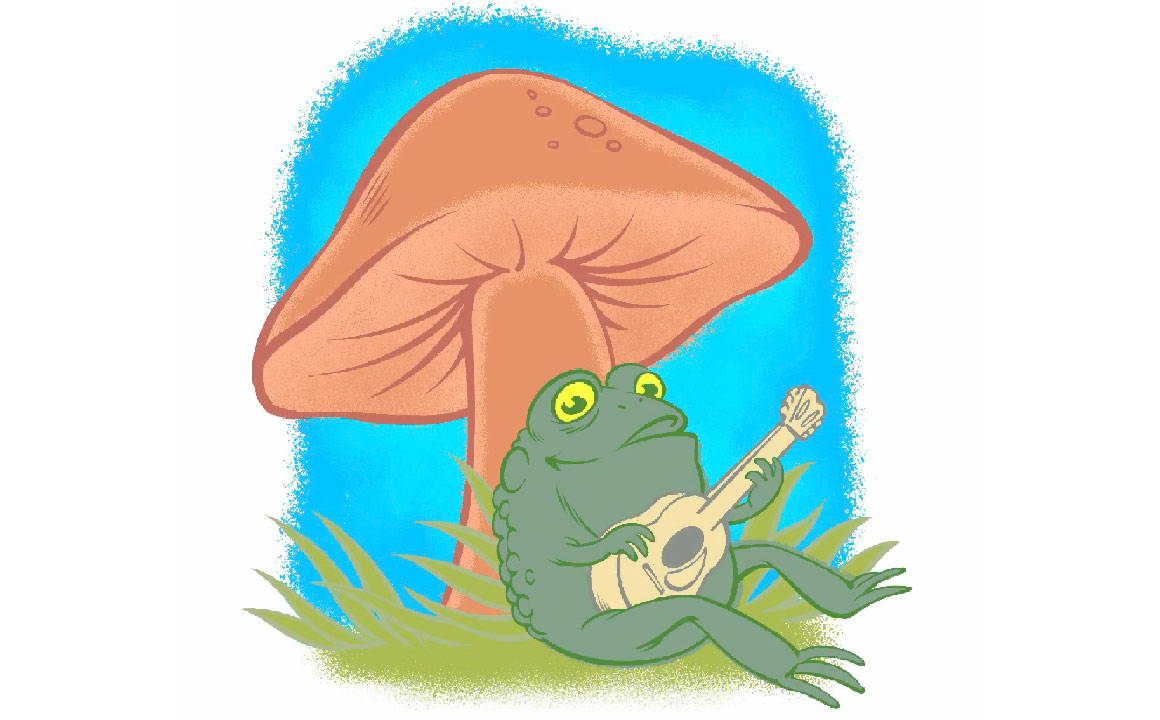 A flat colored illustration of a toad playing guitar under a mushroom.