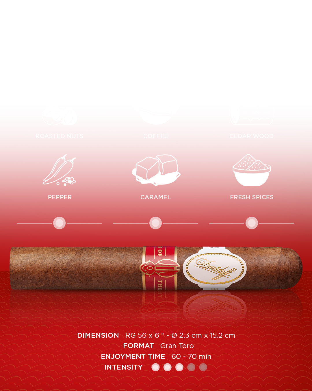 Main aromas of the Davidoff Year of the Rabbit Limited Edition 2023 gran toro cigar. First third: cream, second third: leather, final third: cacao.  Enjoyment time of 60 to 70 minutes with medium intensity. 
