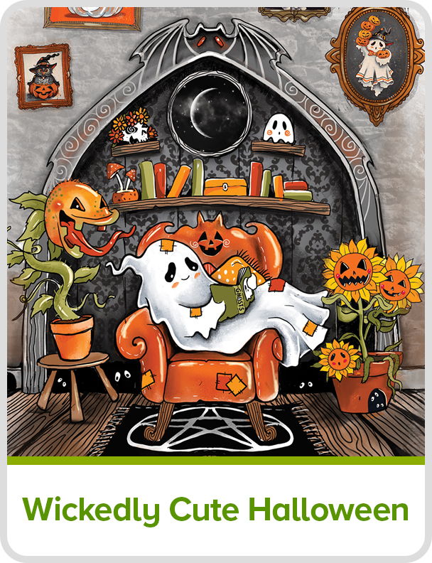 A cute ghost sitting on an orange chair surrounded by Halloween decorations. - Wickedly Cute Halloween