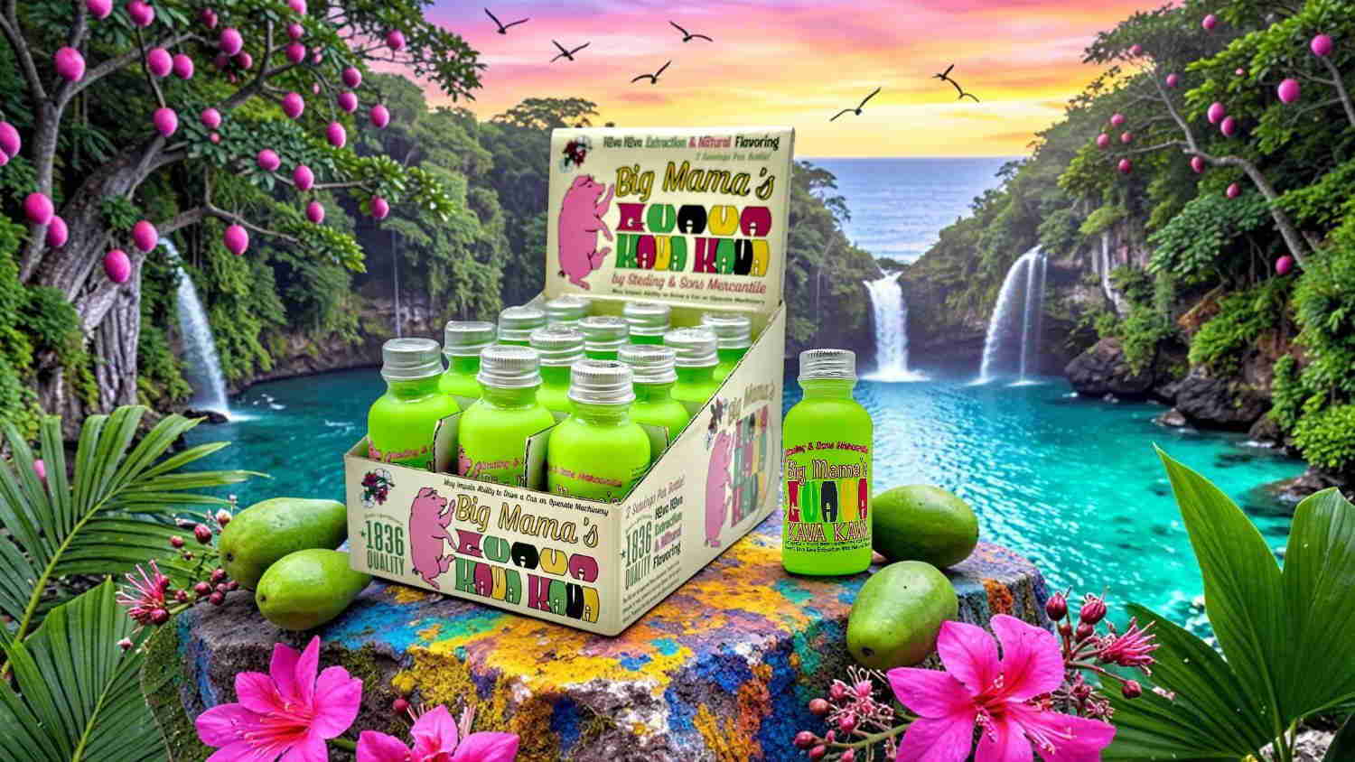 Bottles of green juice displayed near a tropical waterfall and vibrant flowers.