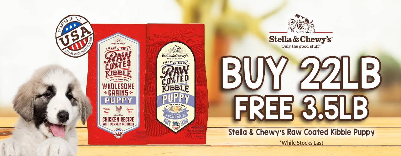Free Stella & Chewy's puppy recipes kibble for every 22lbs bag purchase.