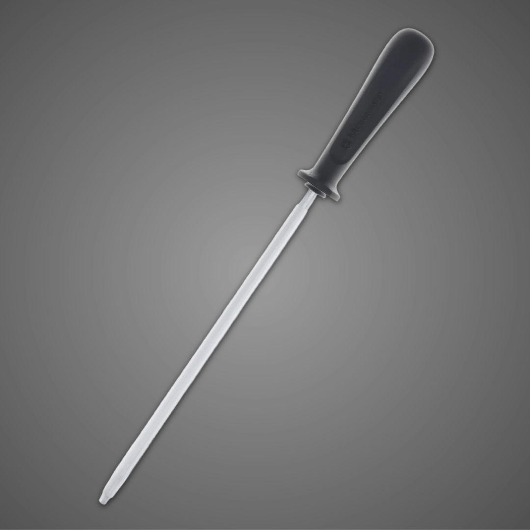 A kitchen sharpening steel with a black handle.