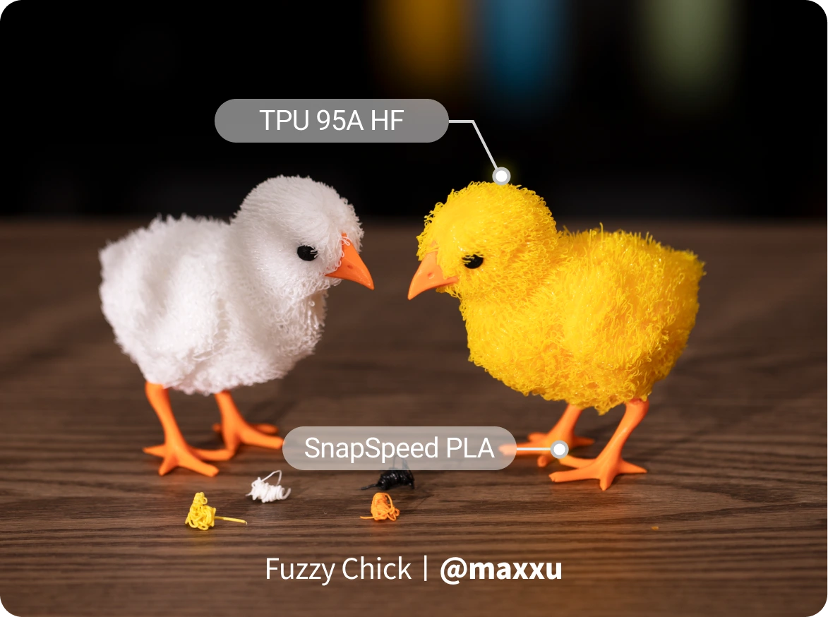 Fuzzy chick model printed with TPU 95A HF Filament for soft texture and flexible detail.