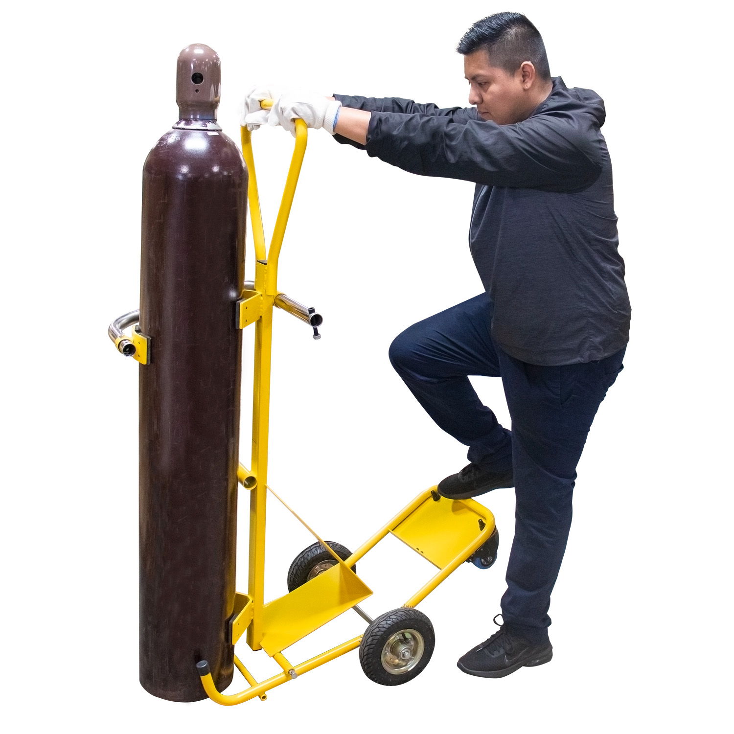 Person using a cylinder cart to lift a gas cylinder safely.