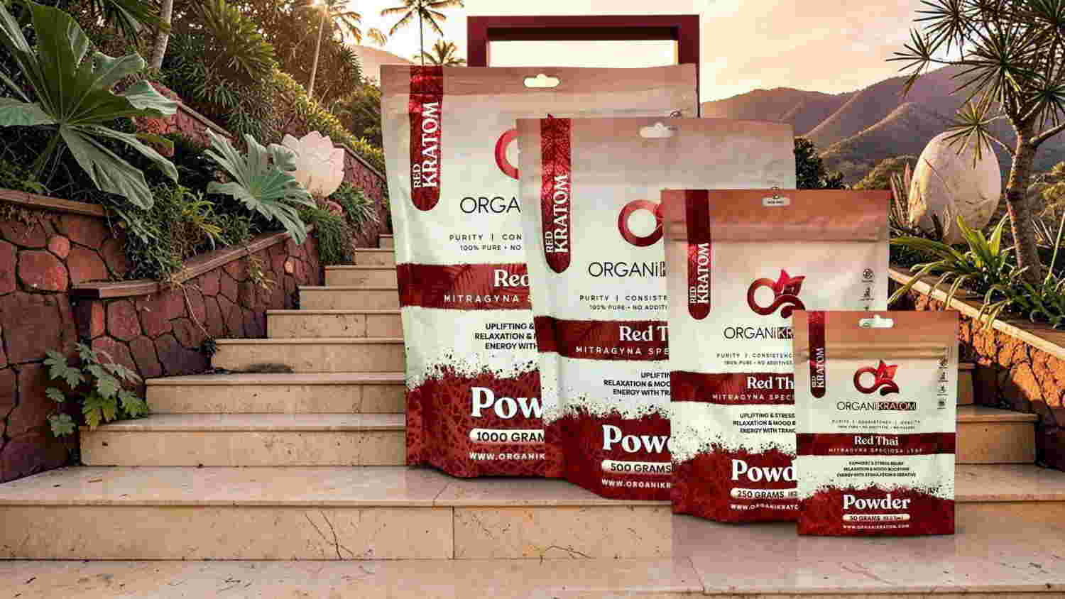Various sizes of pet food bags on outdoor stairs.