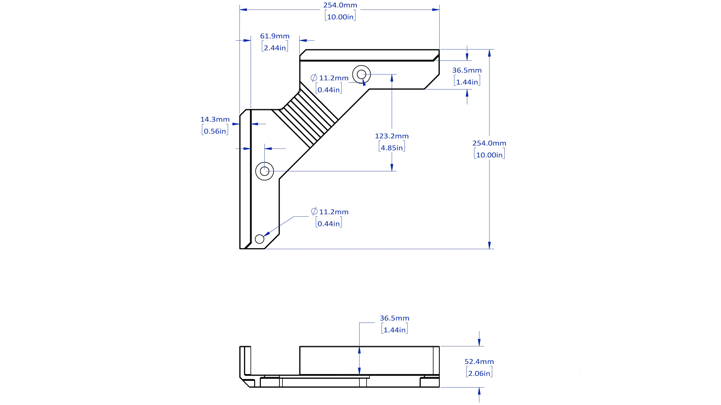 Technical drawing of a mechanical part with dimensions.