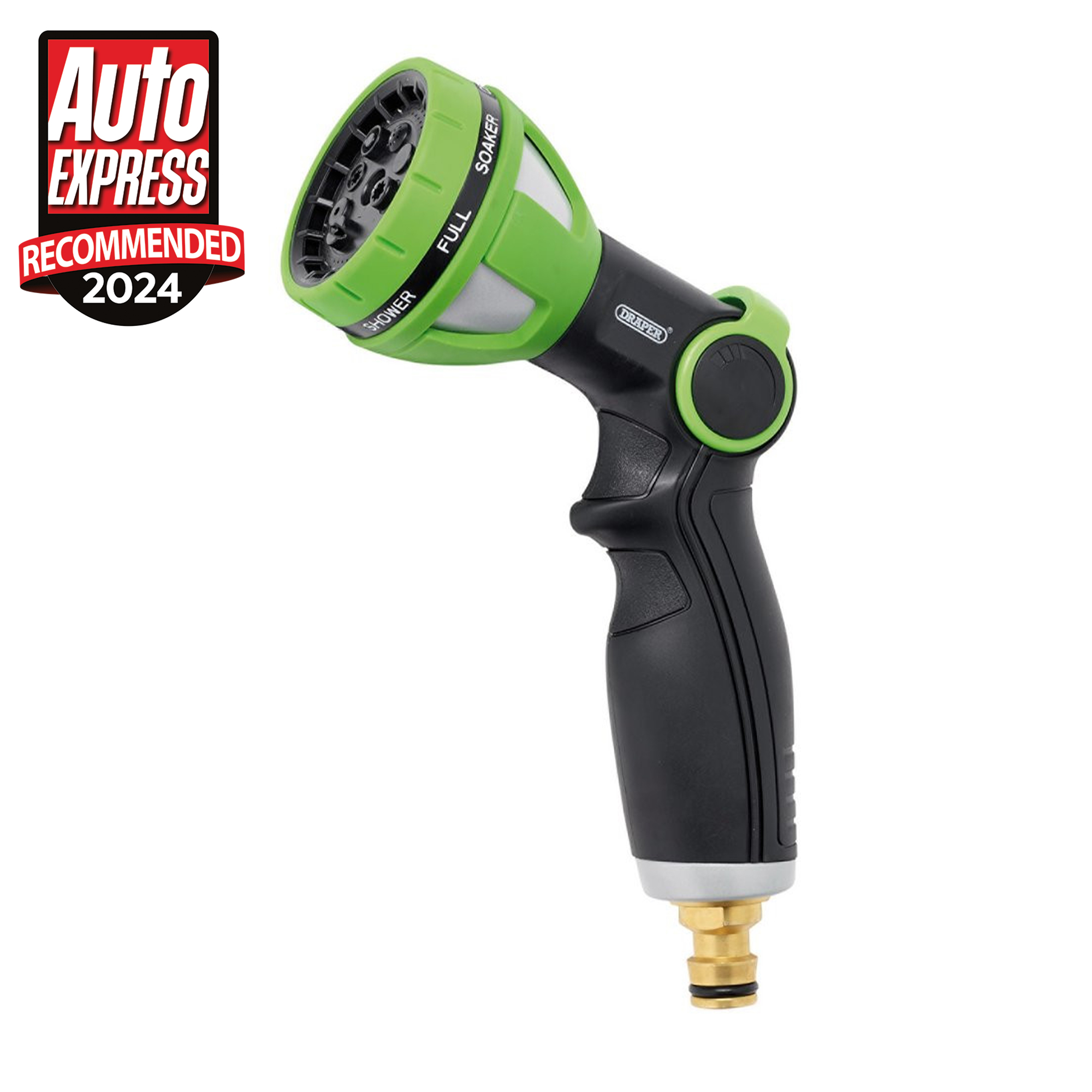 Garden hose nozzle with green and black design, Auto Express recommended badge 2024.