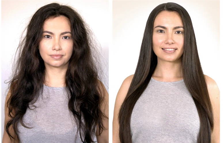 real before and after image of woman and keratin treatment