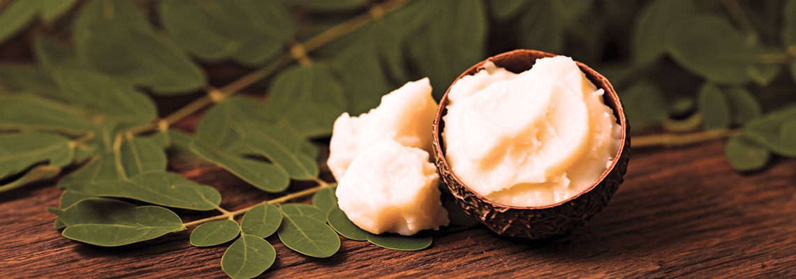 Shea butter in a nut shell surrounded by green leaves.