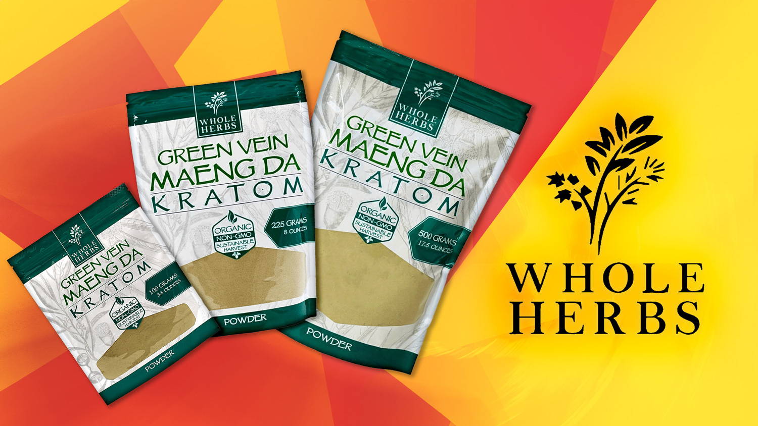 Whole Herbs Kratom Powder Green Maeng Da Various Sizes Banner 