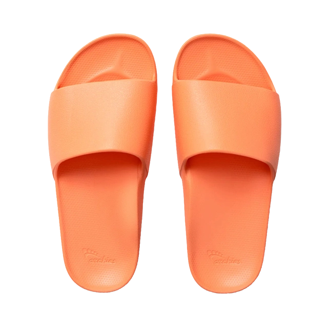Orange slide sandals viewed from above.