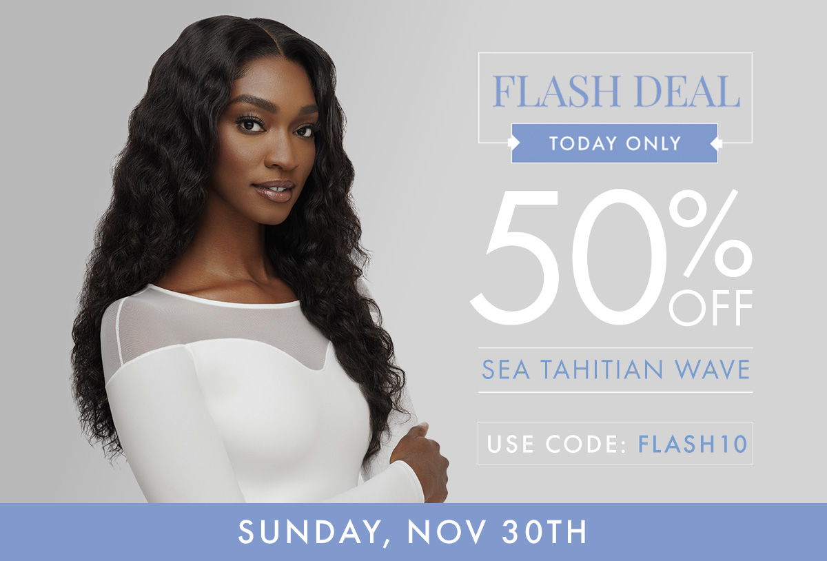Model promoting a flash deal for 50% off hair products.