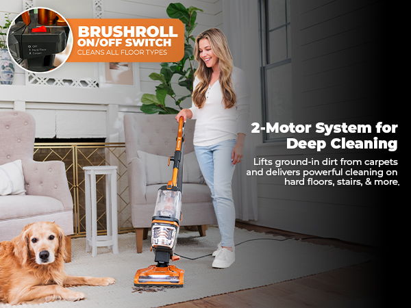 Woman vacuuming with dog nearby, highlighting deep cleaning features.