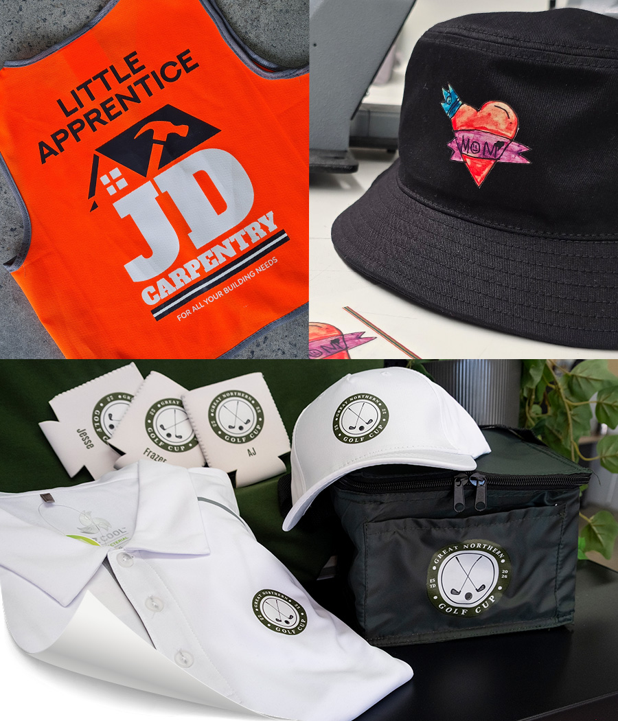 3 images with DTF transfers on various items including a hi-vis orange vest, bucket hat, and set of merch for a golf tournament