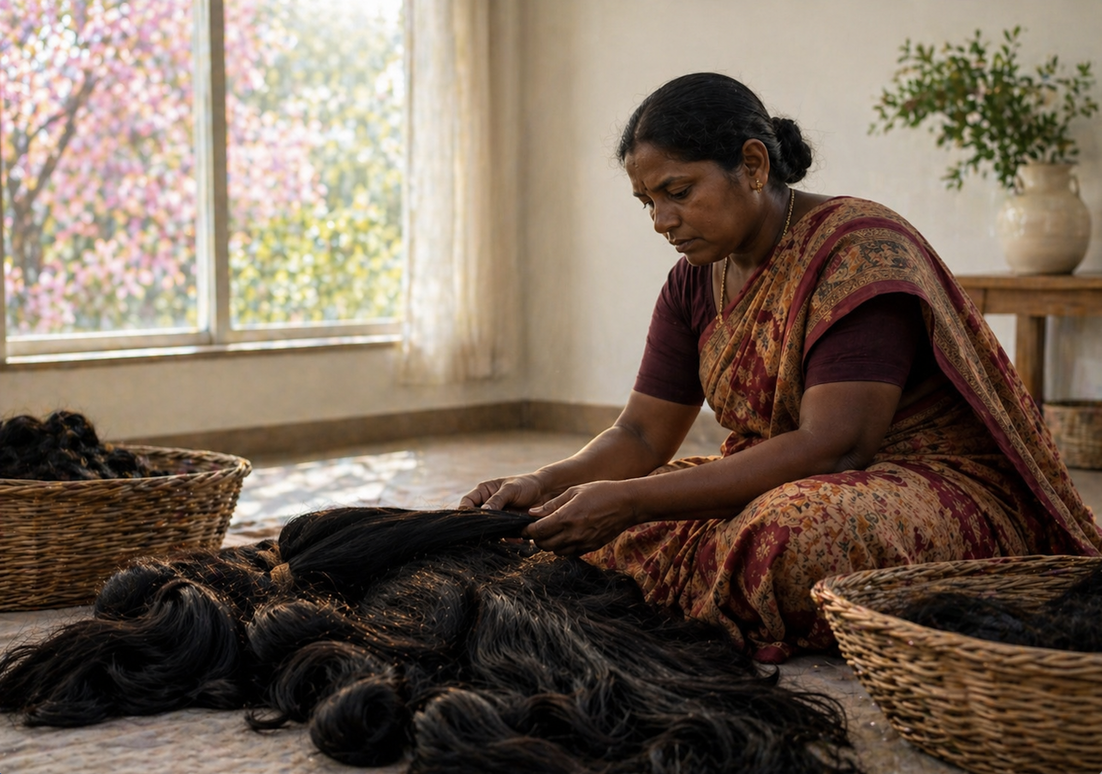 Woman in traditional attire sorting hair in a well-lit room with baskets.