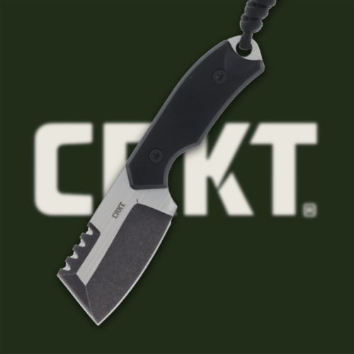 Black knife with serrated edge and paracord handle against a logo background.
