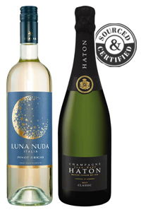Two wine bottles: Luna Nuda Pinot Grigio and Hatton Champagne. Sourced & certified logo.