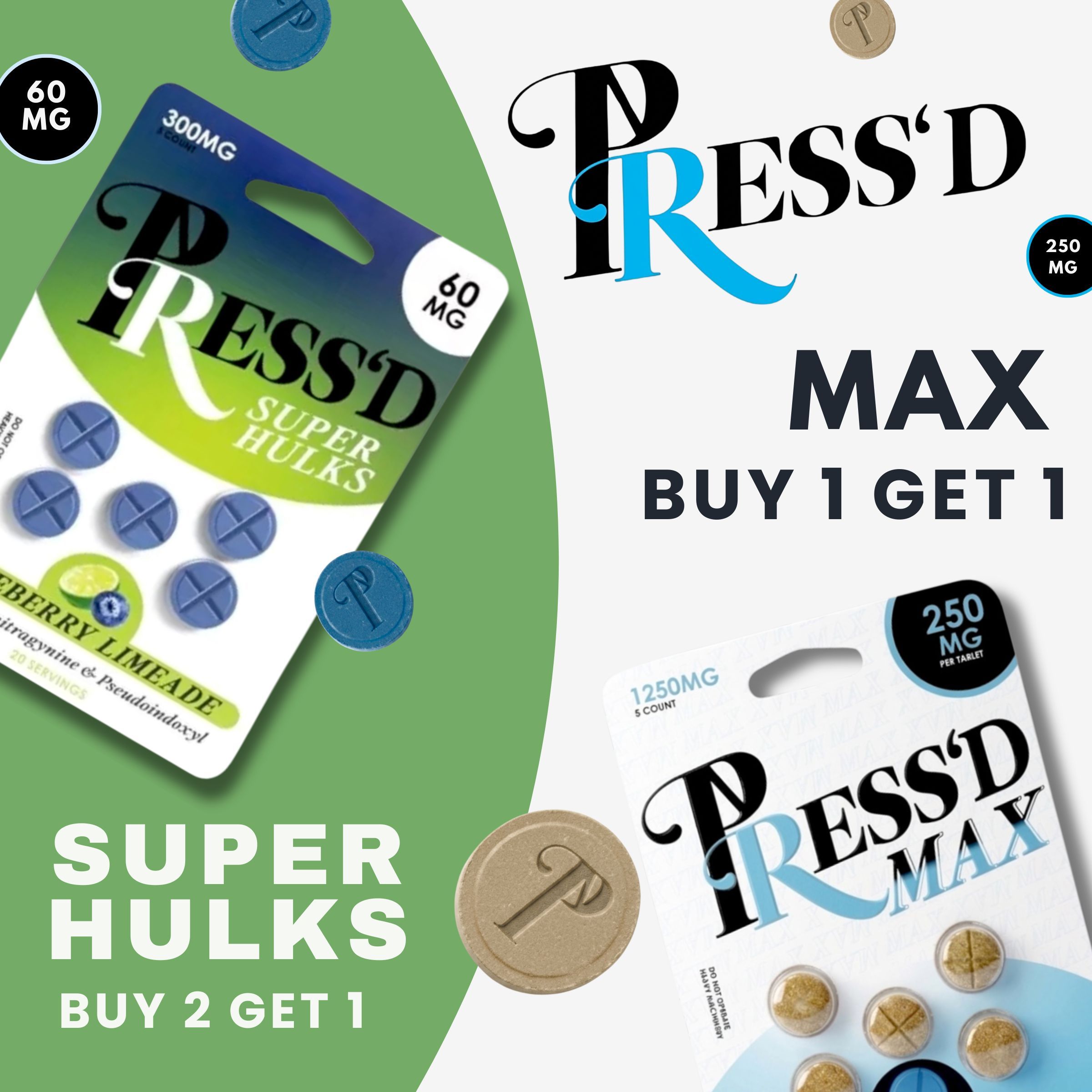 Packaging for PRESS'D supplements with promotional offers.