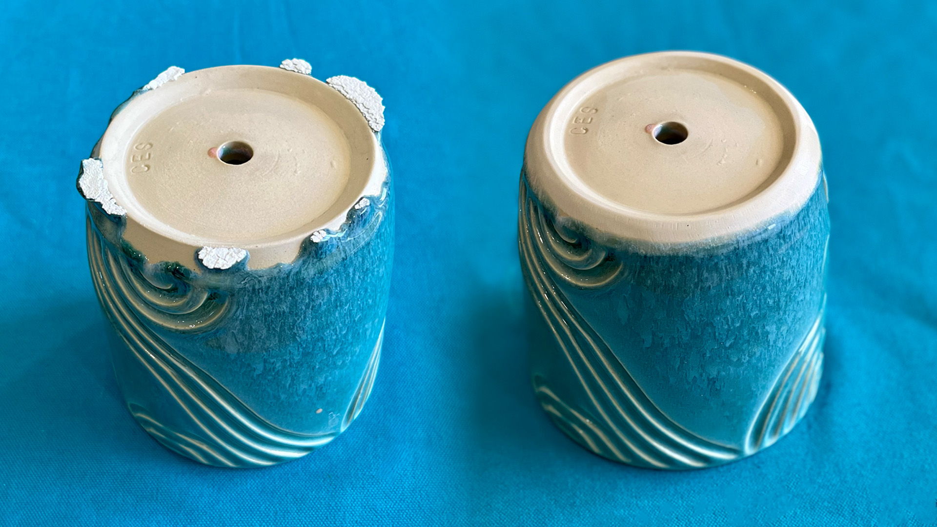 Before and after of a glazed mug after sanding.