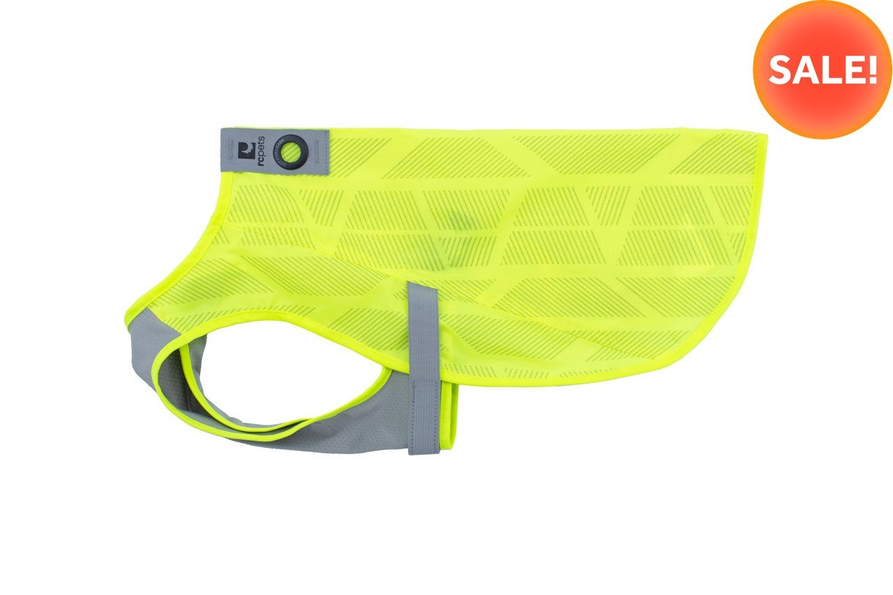 Yellow reflective dog vest with gray accents, marked with 