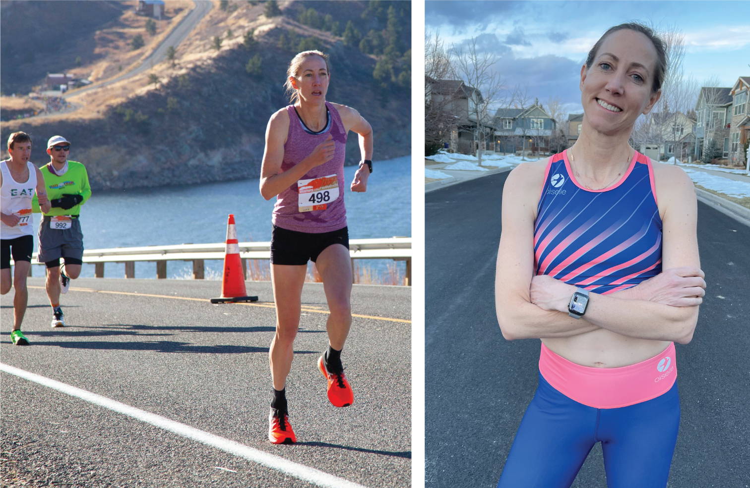 Left: Bri Boehmer racing on the roads in Oiselle apparel. Right: Portrait of Bri smiling in her Oiselle uniform.