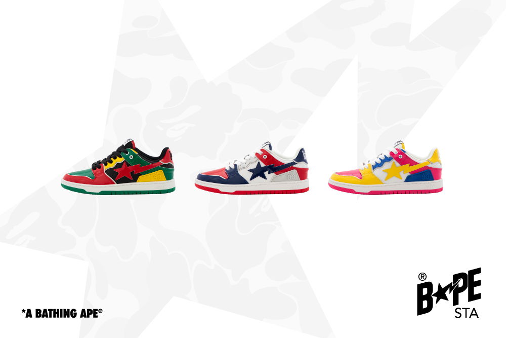 Three colorful sneakers with distinct designs against a white background.