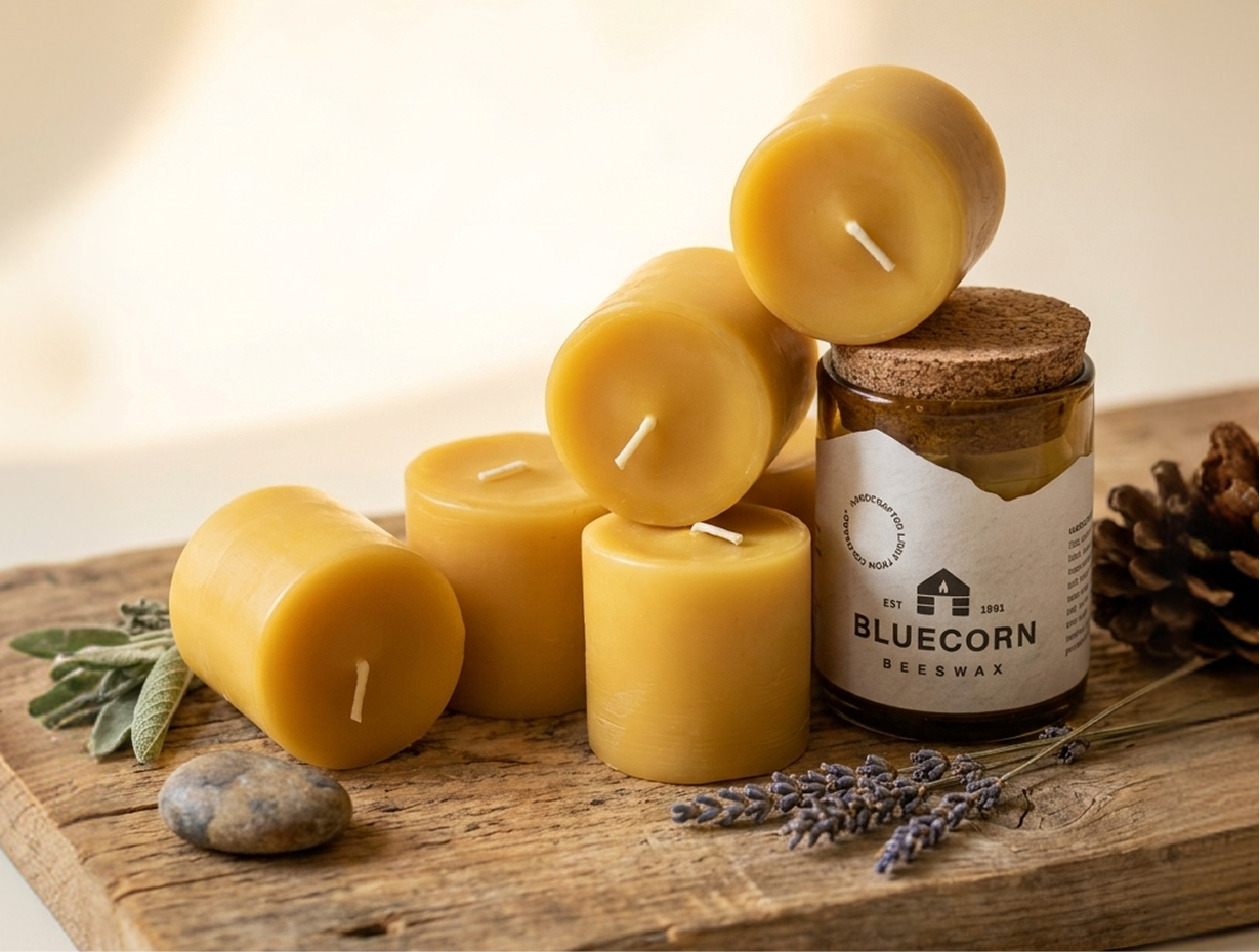 Bluecorn beeswax candles and refill jar on a wood board