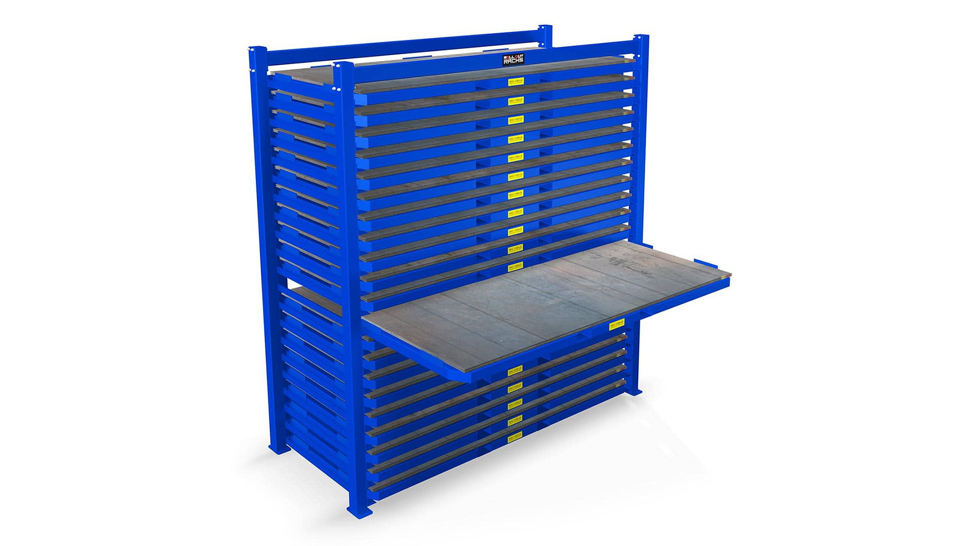 Blue shelving unit with a flat surface and slatted design.