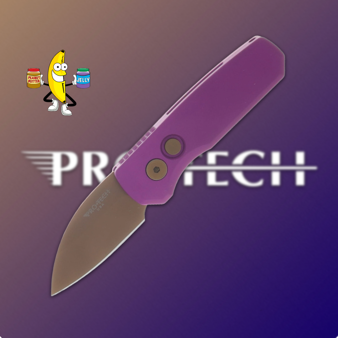 Purple folding knife against a gradient background with a cartoon character.