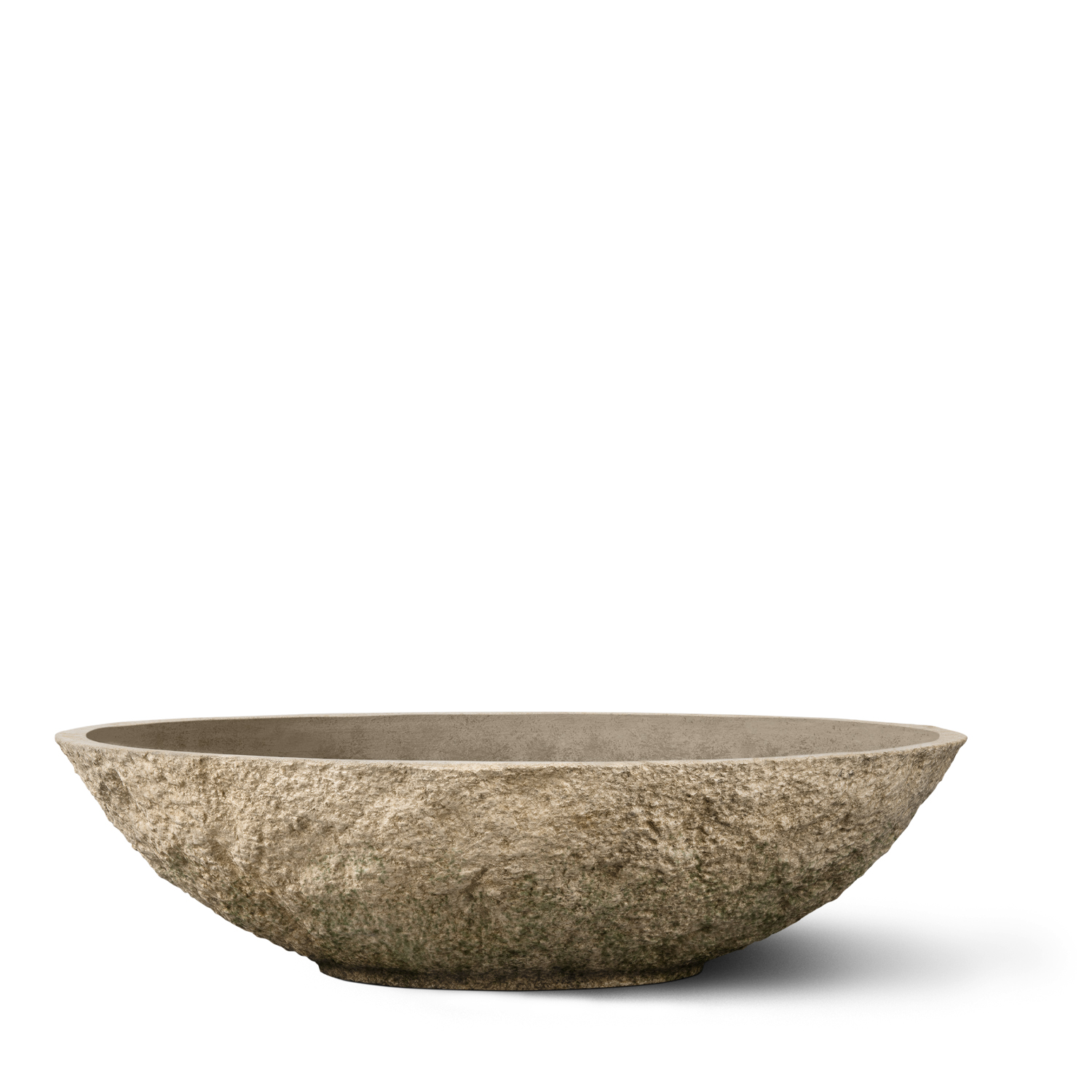 A large, shallow, textured beige bowl on a white background.
