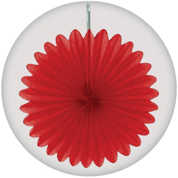 Image of hanging red paper fan decoration. Shop all red decorations.