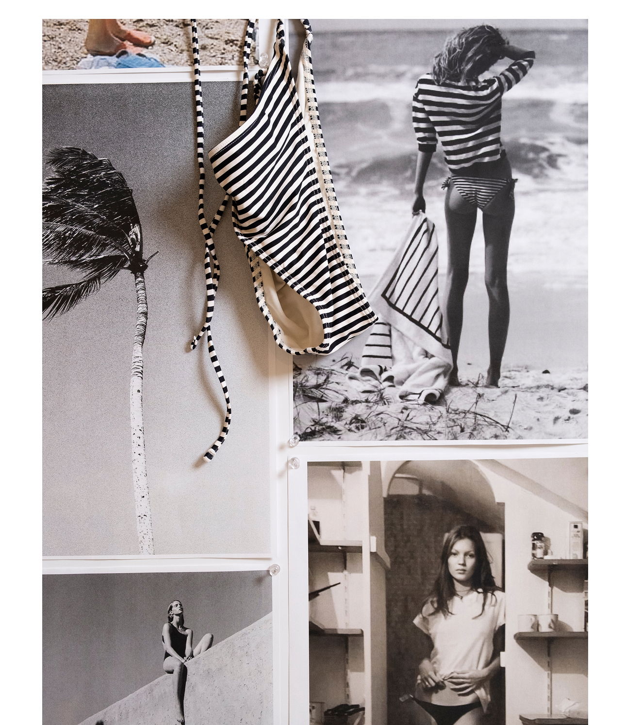Black and white photos of women at the beach, featuring striped clothing.