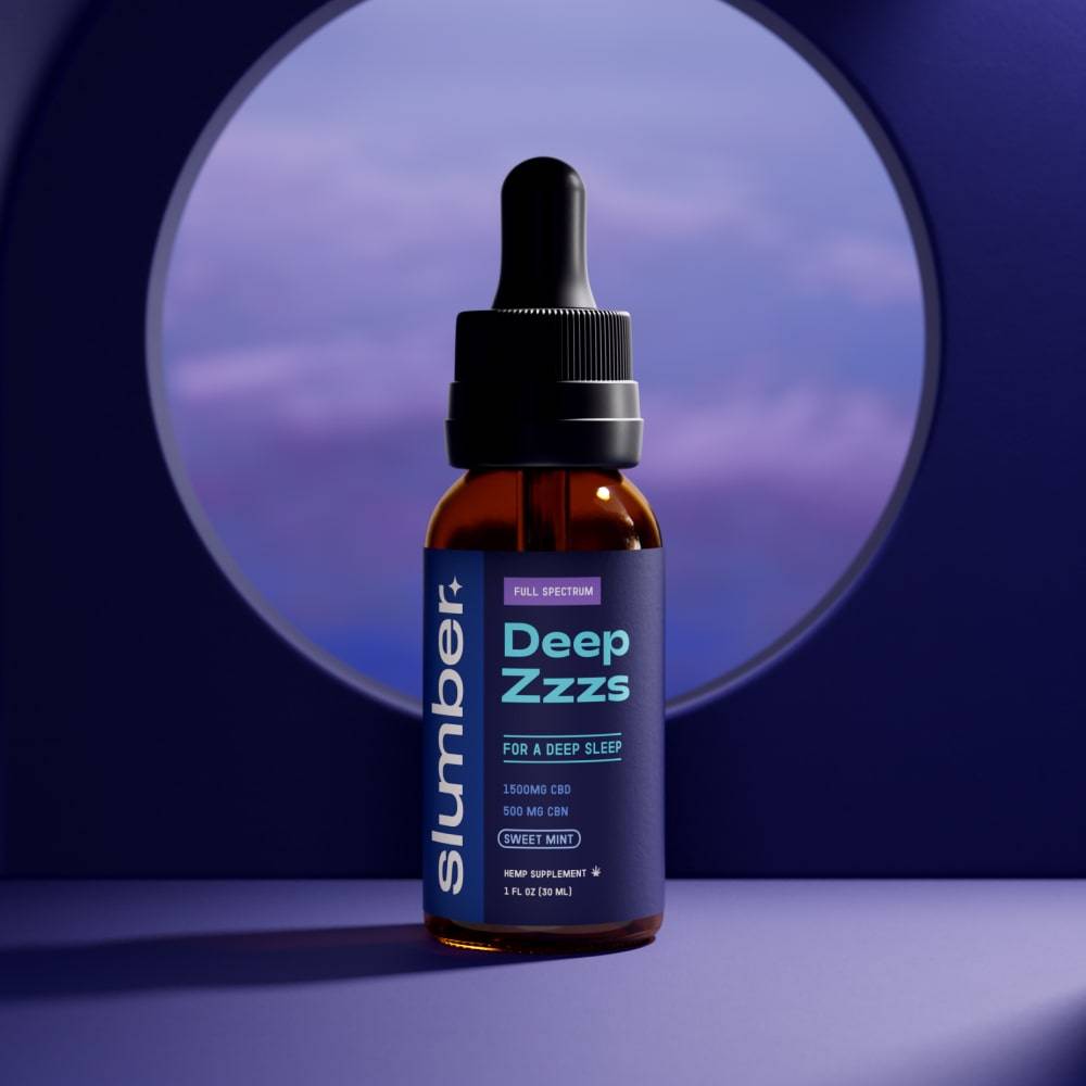 Slumber Full Spectrum CBD CBN sleep oil 2000mg tincture bottle on a blue background