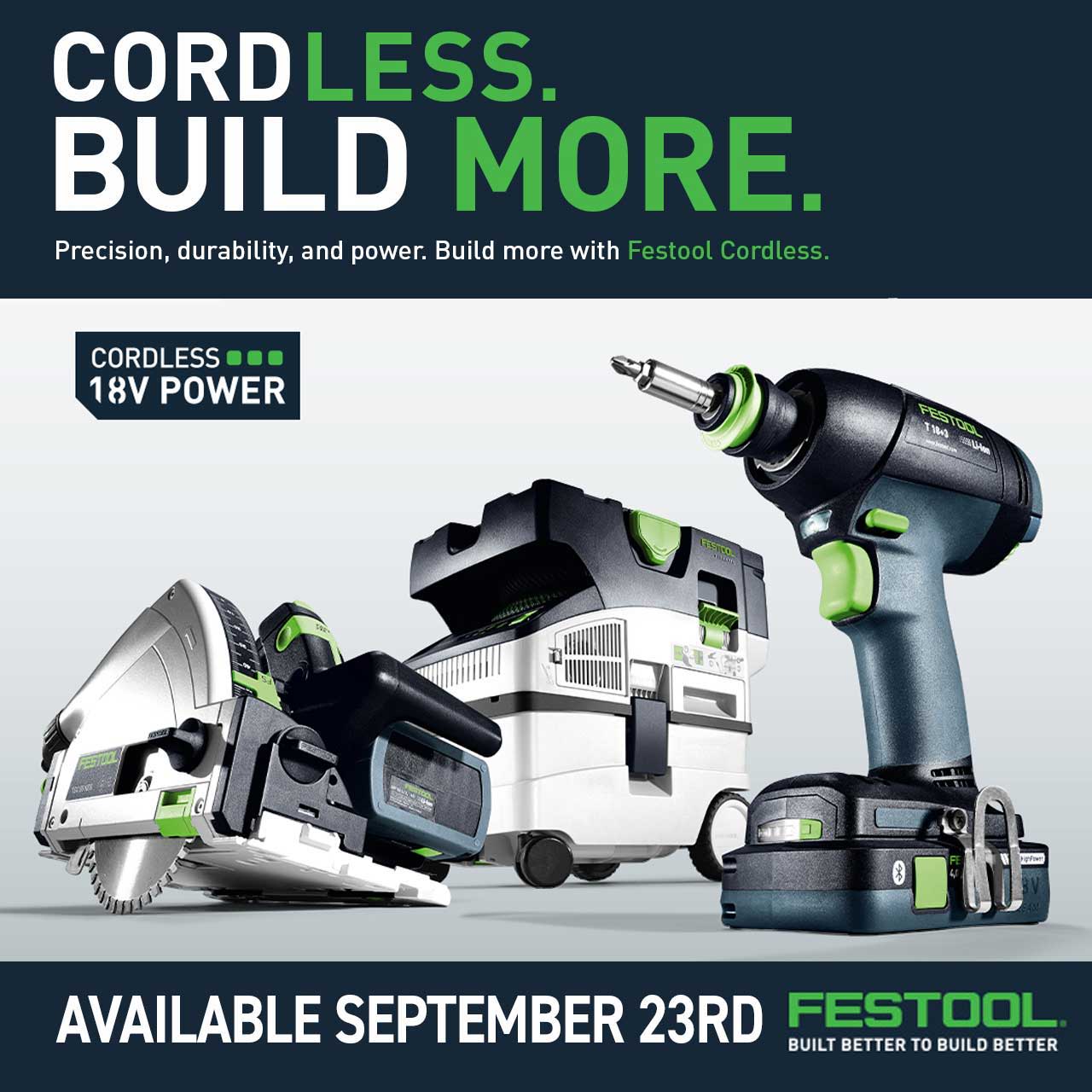 Cordless power tools with promotional text and release date.