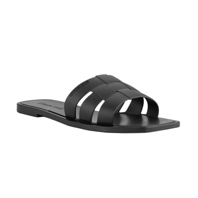 Black slide sandal with woven straps and flat sole.