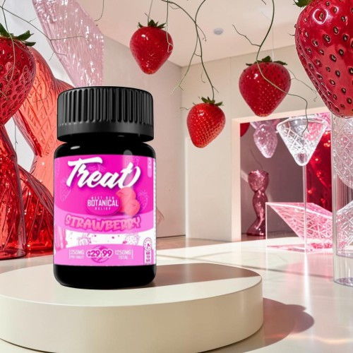 Bottle of strawberry-flavored treat in a room decorated with strawberries.