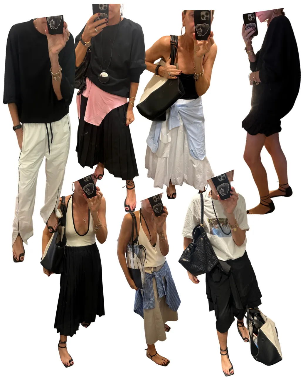 A collage of outfits featuring various styles and accessories.