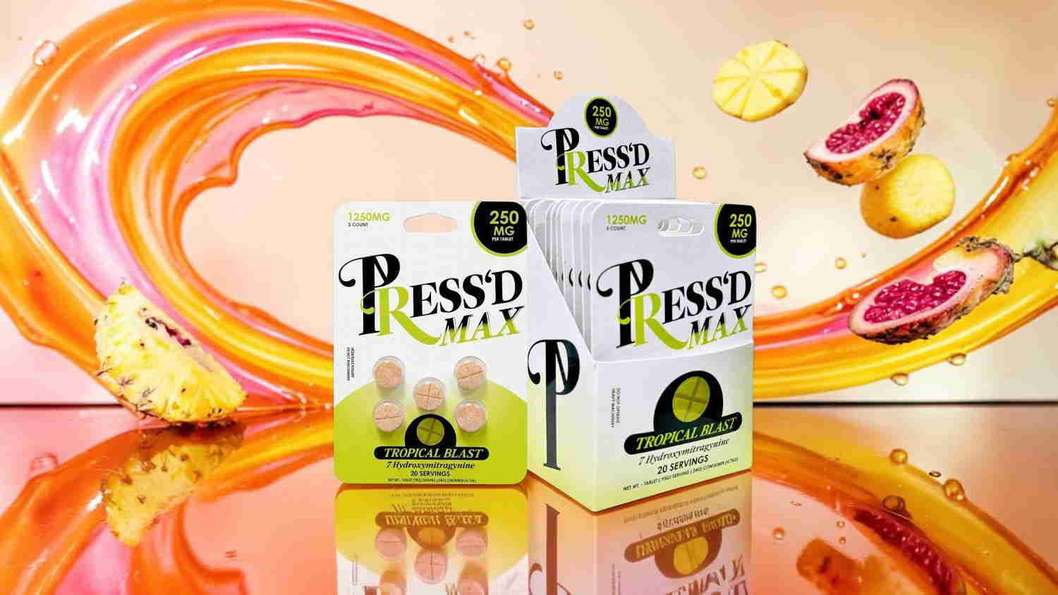 Two boxes of Pressed Juicery products with colorful fruit background.